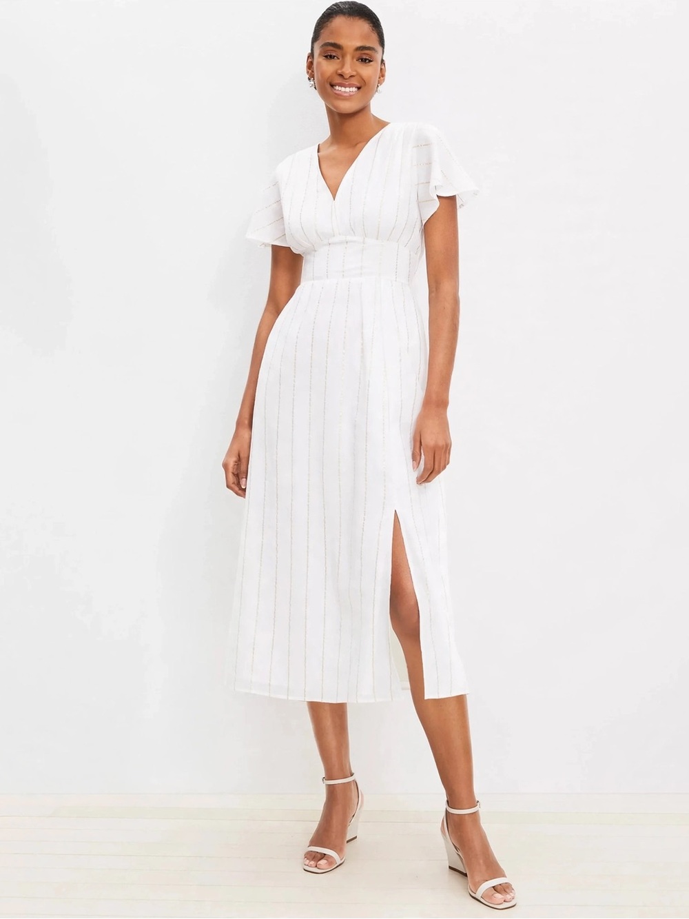 NWT Loft Petite White Pinstripe Midi Dress V-Neck Flutter Sleeve Front Slit